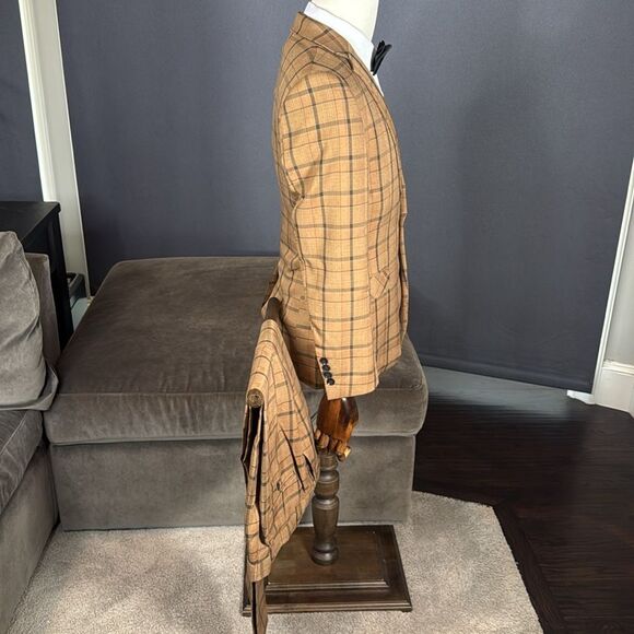 Men’s Brown Plaid 3 Piece Suit One Button Notched Lapel 32 Jacket 30 Pants NWT - Picture 2 of 16